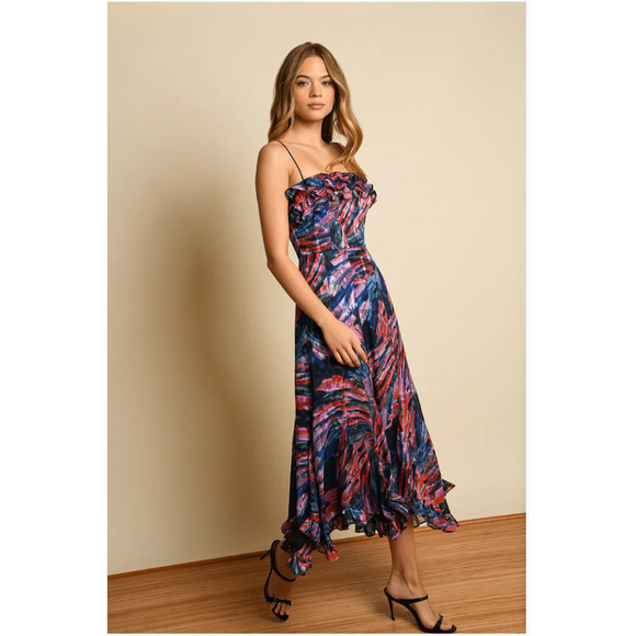 Hutch Marigold Multi Ruffled Sleeveless Maxi Dress Blue Red 10247 Size 6 NEW - Picture 1 of 12